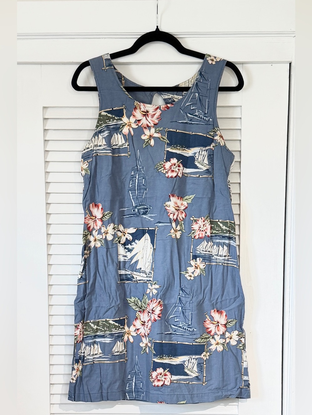 Cute Sleeveless Blue Floral & Sailboat Shift Dress